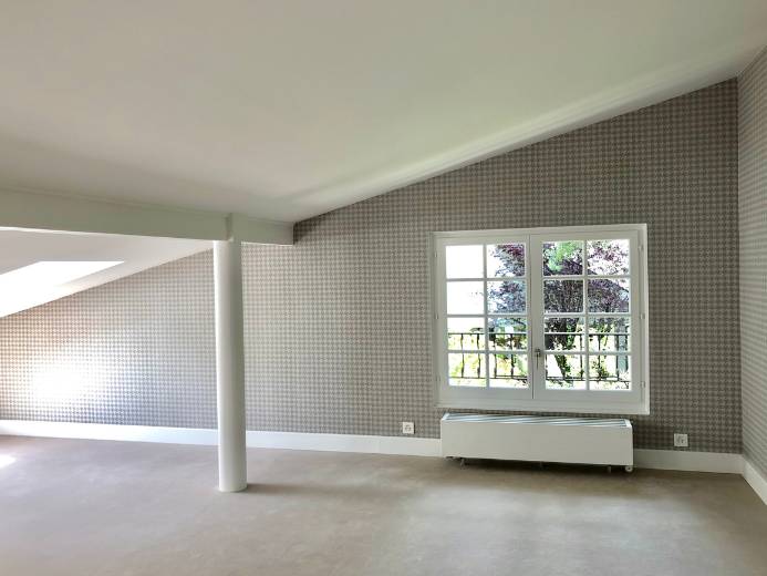 Chambre avec pied de poule d'une maison de 350m2 rénové par l'architecte d'intérieur Sophie Jacquemin Interior Design basée à Genève