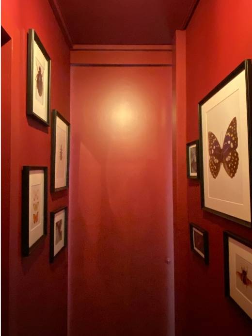 Couloir rouge du salon de coiffure à Genève rénové par l'architecte d'intérieur Sophie Jacquemin Interior Design à Genève