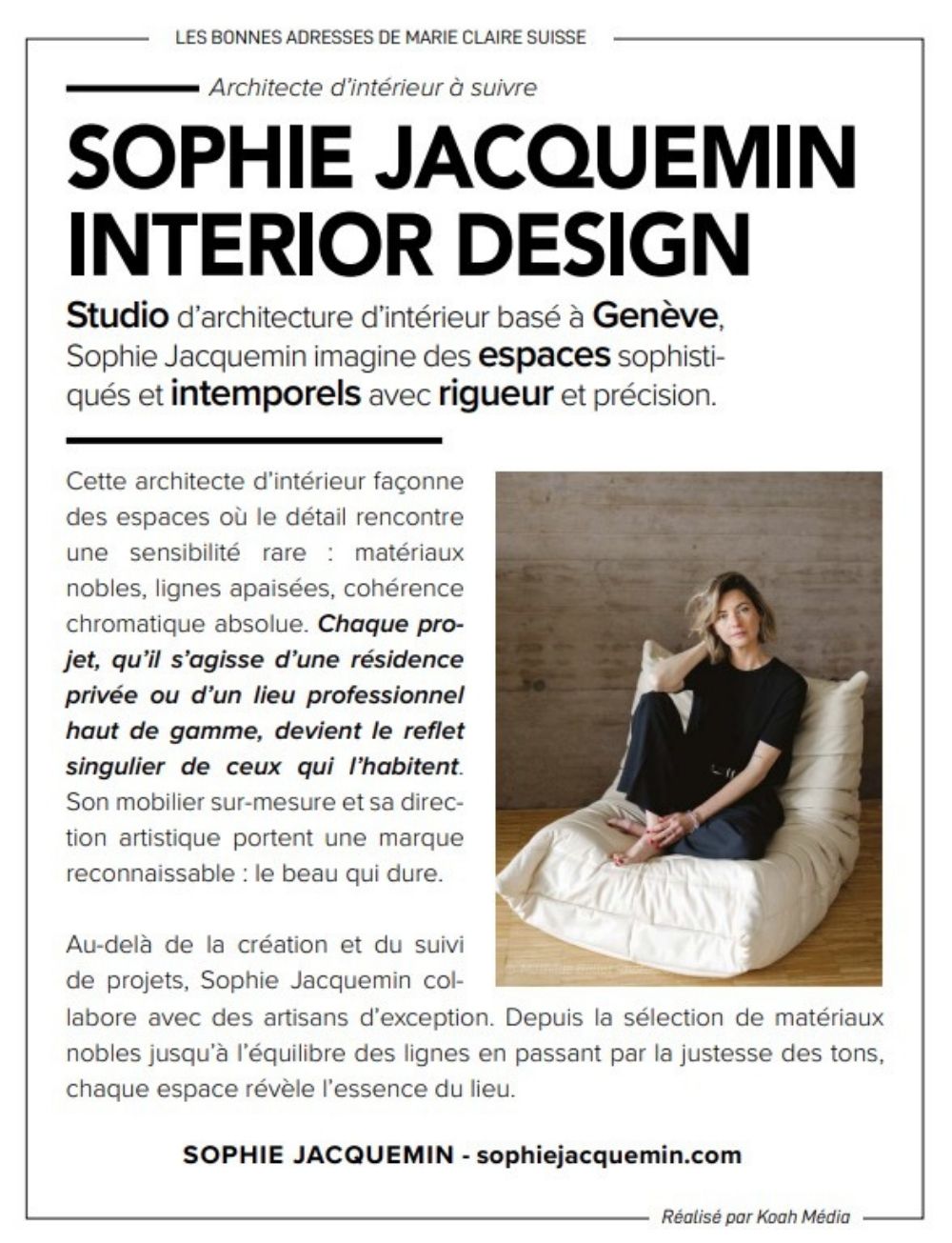 Texte parution média pour Sophie Jacquemin à Genève, design d'intérieur à Genève pour Marie Claire Suisse.