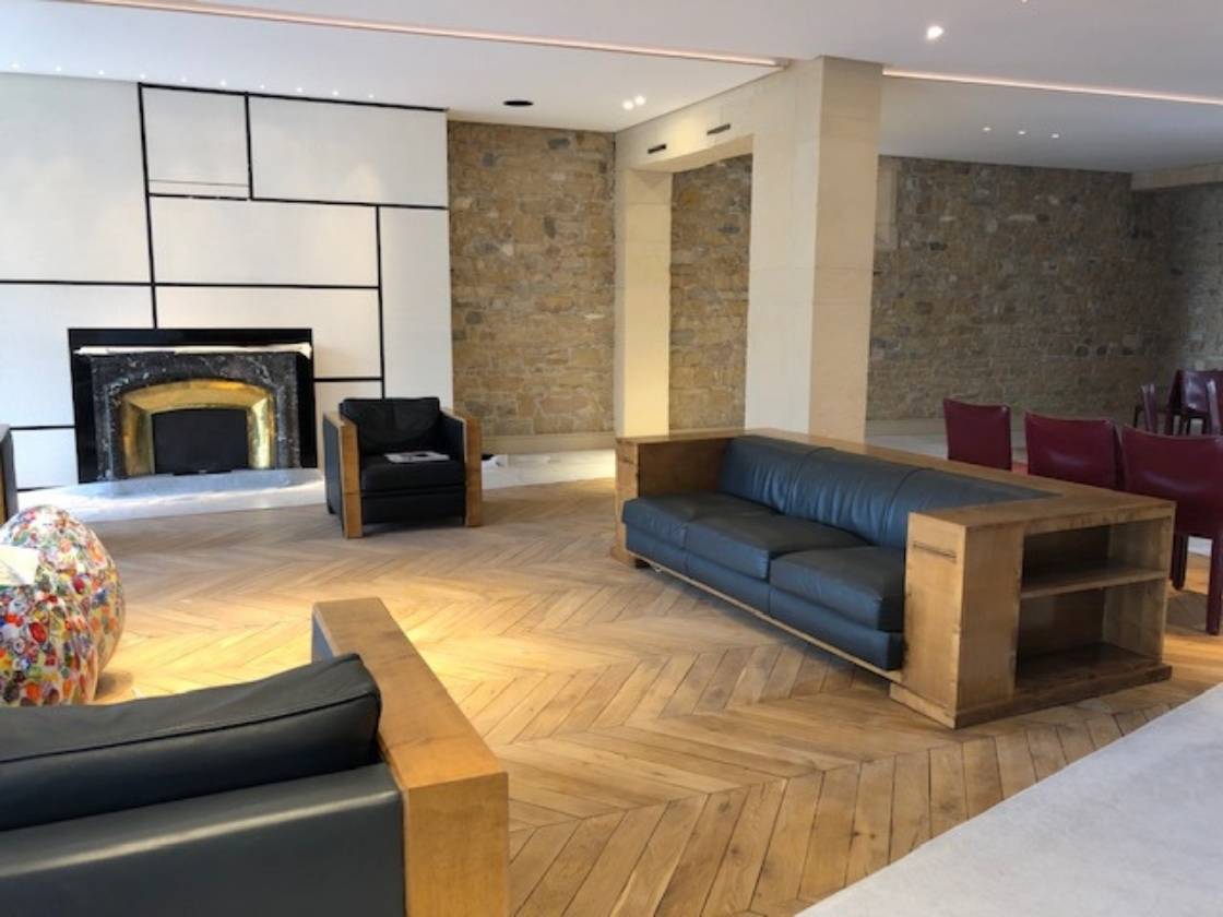 Salon d'un appartement contemporain à Lyon avec cheminée, rénové par l'architecte d'intérieur Sophie Jacquemin Interior Design basée à Genève